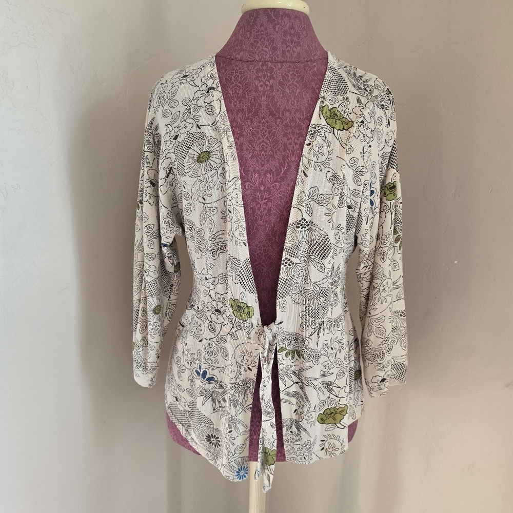 Nic+Zoe Silk Blend Cardigan Beige Floral Tie Front Boho Womens S Cardigan